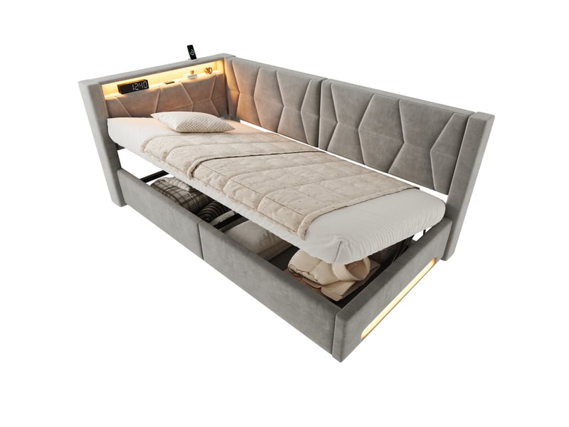  Lit coffre 90x200 cm, métal, velours gris foncé, équipé de sommier à lattes, de tête de lit en l, de led, de port usb et de type-c, sans matelas  - Conforama E