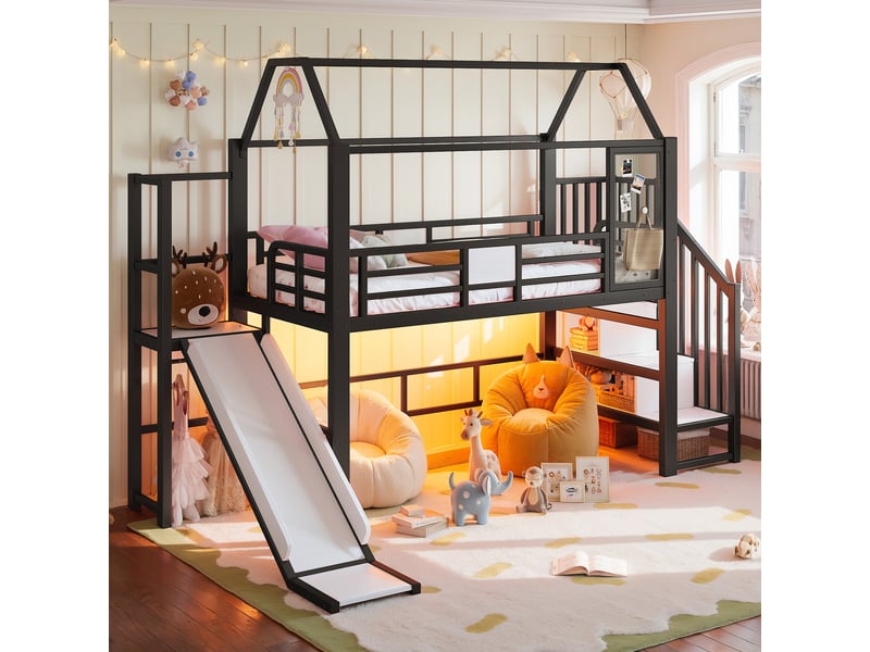  Lit mezzanine cabane enfant 90x200 cm, toboggan, escalier avec rangement, led bluetooth, métal et mdf, noir Radiant Stride - Conforama B