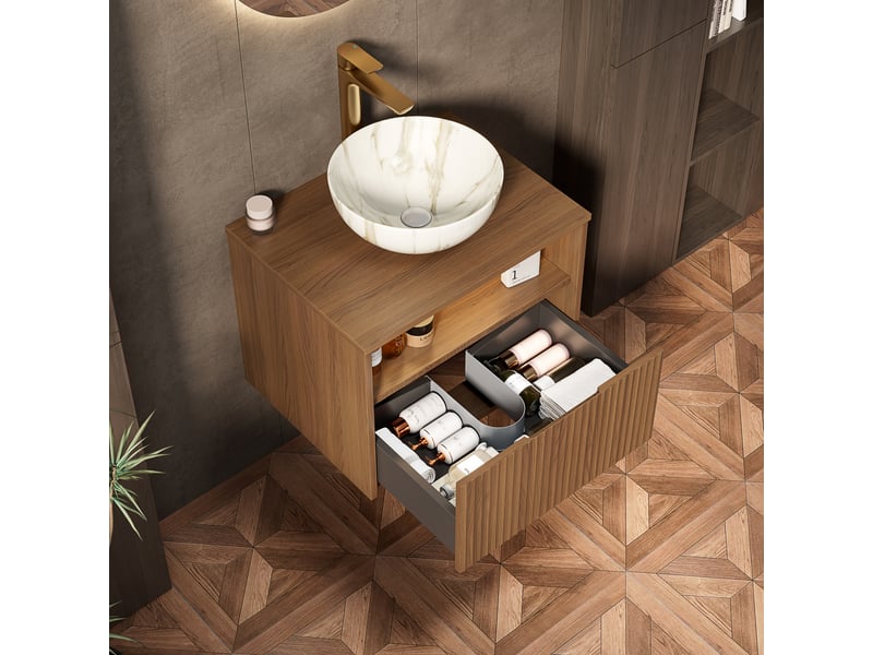  Meuble sous-vasque suspendu avec vasque 1 tiroir éclairage led chêne brun 60 cm W3209S00026 - Conforama D