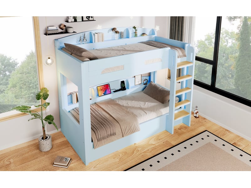  Lit superposé avec lit gigogne et prise usb rangements bois massif et mdf 90x200 cm bleu clair Sol Morn - Conforama D