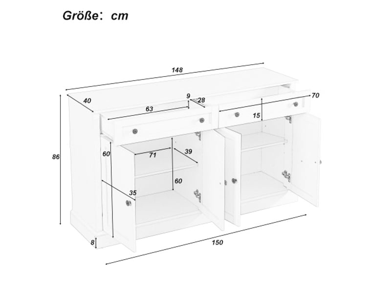  Buffet bas 4 portes et 2 tiroirs blanc antique, 150 x 40 x 86 cm  - Conforama E