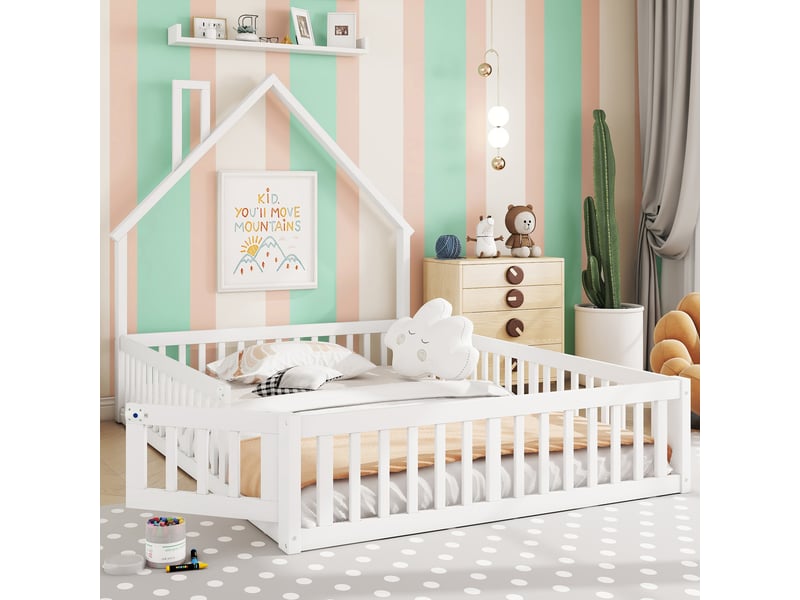  Lit enfant 140 × 190 cm 2 places avec barrière de sécurité et forme cheminée, sans matelas, en pin et mdf, blanc  - Conforama E