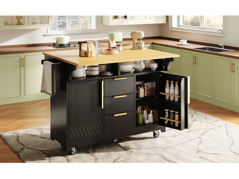  Îlot de cuisine mobile 120 x 40 x 95 cm, plateau extensible, 3 tiroirs, 2 portes et roulettes, noir, style contemporain  - Conforama B
