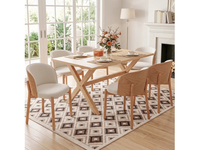  Lot de 4 chaises de salle à manger en tissu lin, coloris bois naturel  - Conforama D