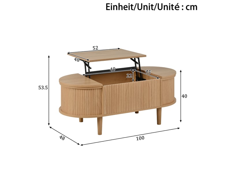  Table basse relevable 100x48x53.5 cm avec rangement, mdf et pieds en bois coloris chêne  - Conforama E