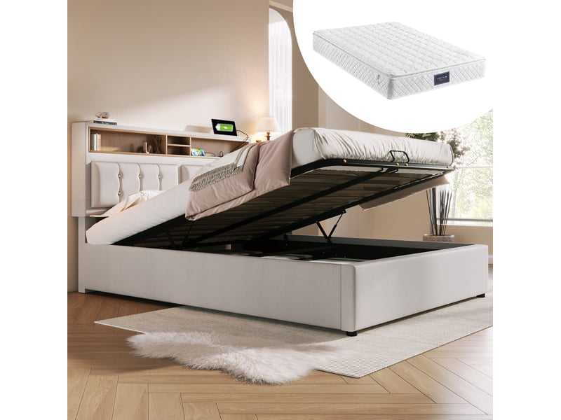  Lit double avec rangement en lin beige clair 140 x 200 cm avec matelas  - Conforama B