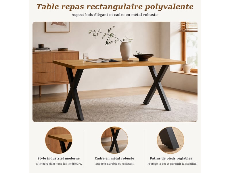  Ensemble table et 4 chaises - table rectangulaire 160x80 cm monobloc en chêne sauvage et pieds métal, 4 chaises en velours gris foncé et pieds métal  - Conforama D