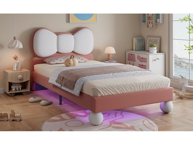  Lit enfant 90x200 cm en velours beige et rose avec led réglable  - Conforama W