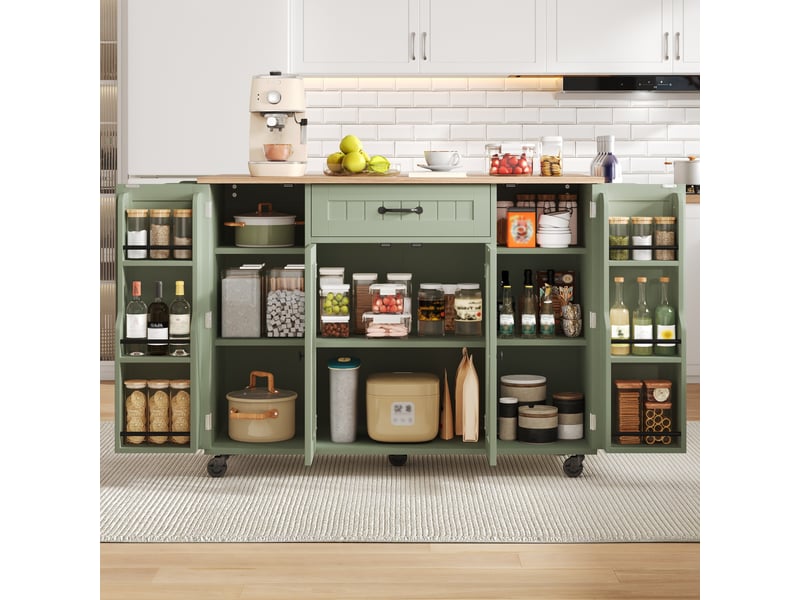  Îlot de cuisine desserte 120x4569x90 cm - plateau rabattable - roulettes verrouillables - tiroir et rangements de portes - mdf - vert CozyNest - Conforama E