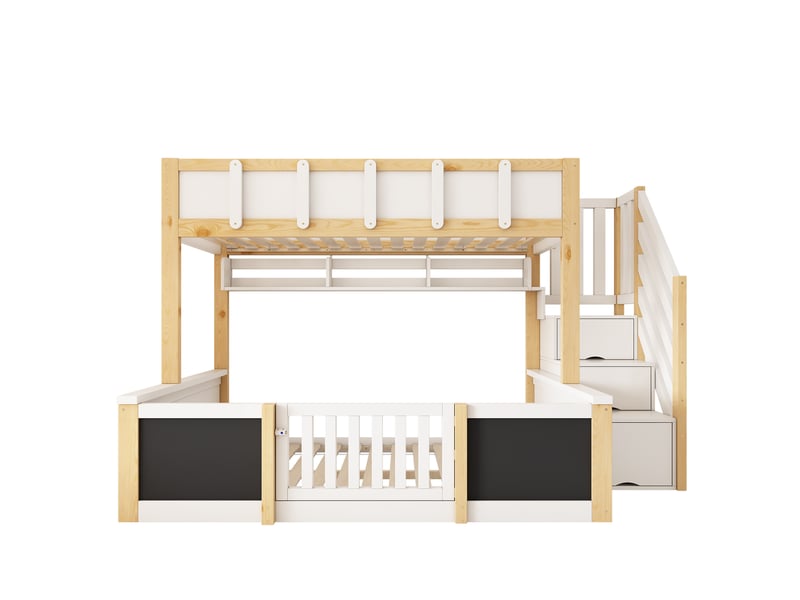  Lit superposé enfant 90140x200 cm, lit en bois, escalier rangement, tableau à craie, portillon, sommier (sans matelas), blanc et chêne CozyNest - Conforama A