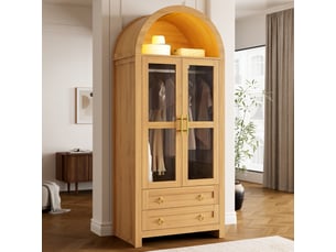 Armoire-penderie 76x50x185cm avec portes vitrées, tringle, 2 tiroirs et éclairage led multicolore, design incurvé - effet chêne