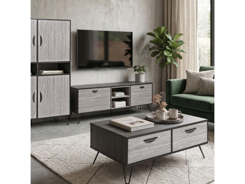  Meuble tv 2 portes 2 niches 180cm aspect bois grisé et noir - brooklyn BROOKLYN - Conforama E