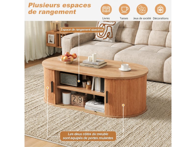  Table basse ovale avec rangement caché, 2 portes à lames, cloison mobile, bois naturel, 100 x 50 x 33 cm  - Conforama B