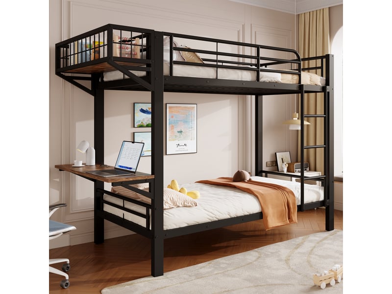 Lit superposé 90 x 200 cm, bureau, compartiment de rangement ouvert, garde-corps, échelle, structure en métal, noir Seren Glow - Conforama D