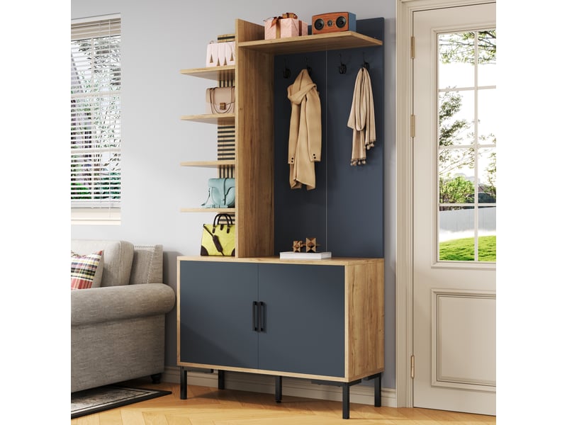  Meuble d'entrée, 4 étagères, crochets et tablette réglable en panneaux de particules 100×40×190,5 cm naturel et noir  - Conforama E