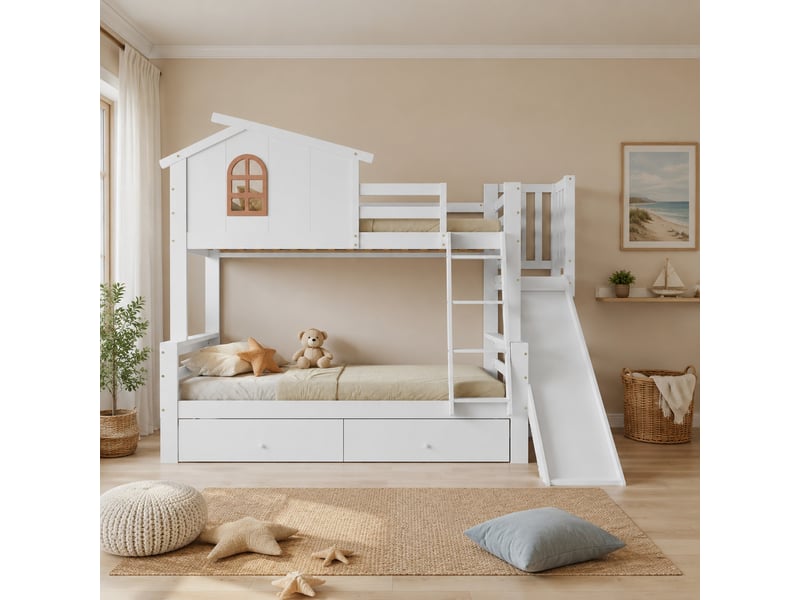  Lit superposé enfant 200×90 cm et 200×120 cm avec toboggan et 2 tiroirs, sans matelas, en pin et mdf blanc  - Conforama C
