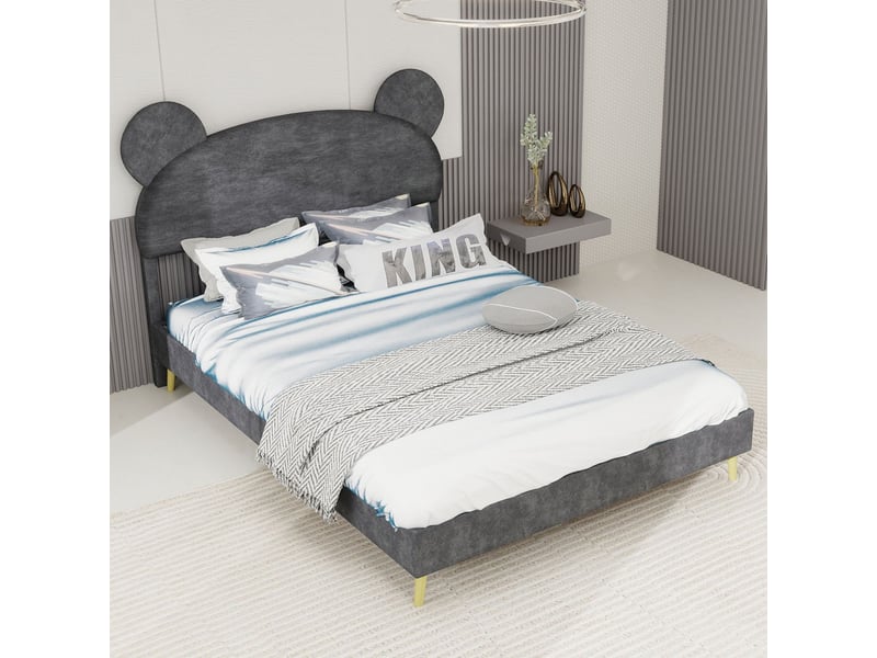  Lit rembourré 140x200 tête de lit oreilles d'ours - lit adulte - tissu gris, design moderne, coins arrondis, sans matelas  - Conforama B
