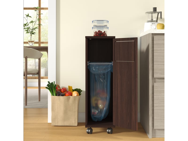  Buffet de cuisine - 24,2x35,1x80,2 cm - meuble poubelle roulant avec 1 porte et support sac poubelle - marron  - Conforama D