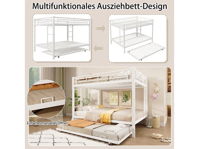 Lit superposé gigogne enfant 140x200 cm en métal avec lit tiroir 90x190 cm, barrières de sécurité, lit extensible gain de place - blanc - Conforama E
