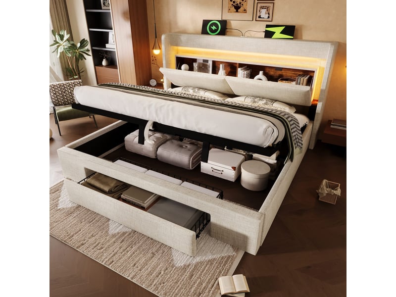  Lit coffre 140x200 cm, rangement hydraulique, tiroirs, tête de lit avec rangement, éclairage led, usb et usb-c pour chambre - beige  - Conforama D