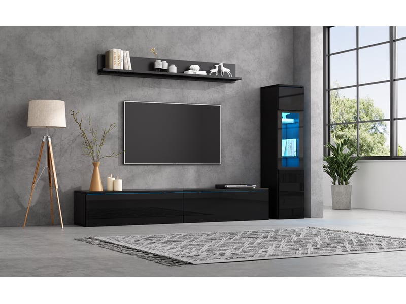 Ensemble meuble tv noir 3 pièces, façade brillante, led rgb, écran jusqu’à 80 pouces, noir  - Conforama D