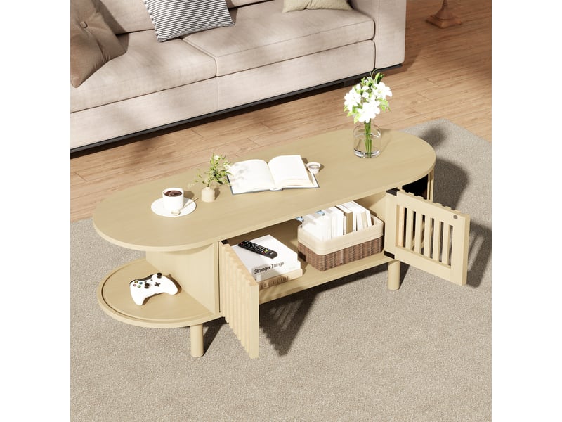  Table basse ovale avec rangement, mdf et pieds en bois massif, 100 x 40 x 38 cm, bois clair  - Conforama E