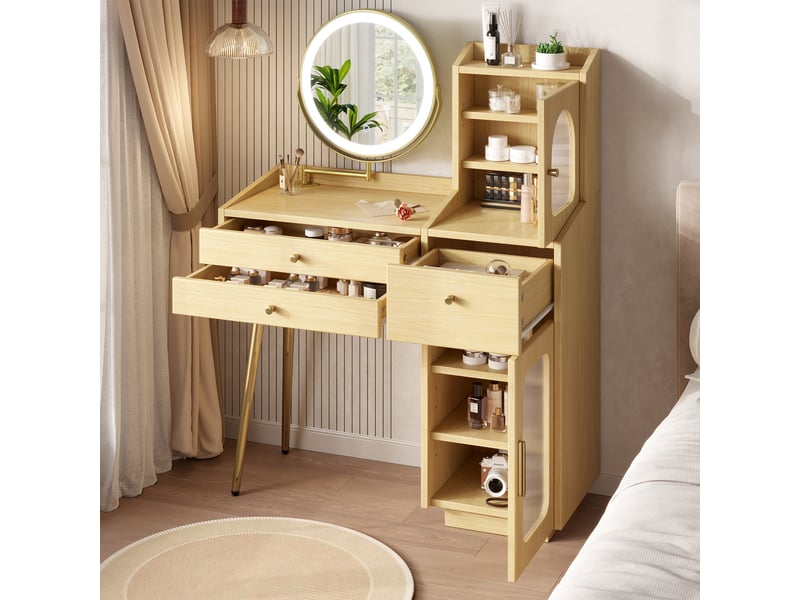  Coiffeuse avec miroir lumineux pivotant, 2 portes vitrées, 3 tiroirs, aspect bois naturel, 100 x 40 x 131 cm  - Conforama B