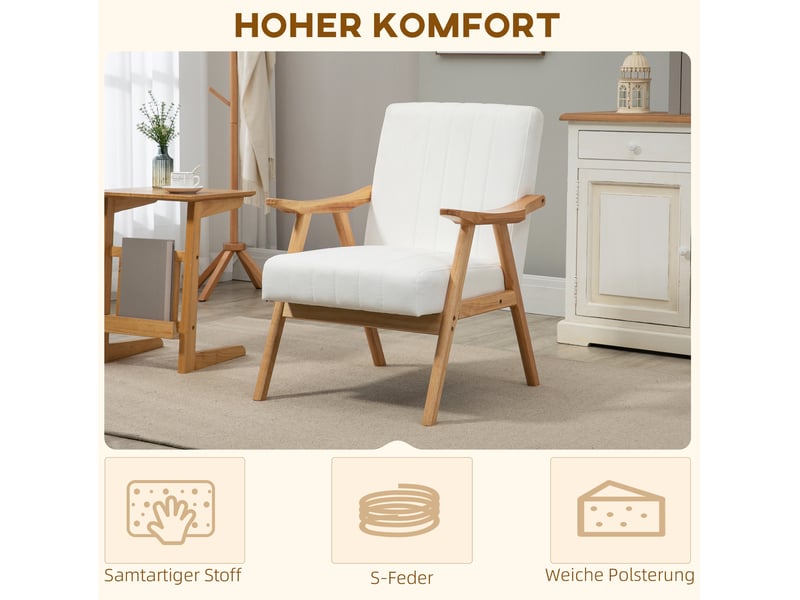 Fauteuil lounge scandinave 68x74x82 cm, revêtement en velours de couleur blanc crème, design moderne, canapé 1 place  - Conforama D