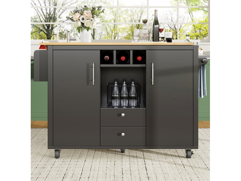 Îlot de cuisine mobile noir 137,9 x 73 x 92,5 cm avec plateau rabattable - Conforama E