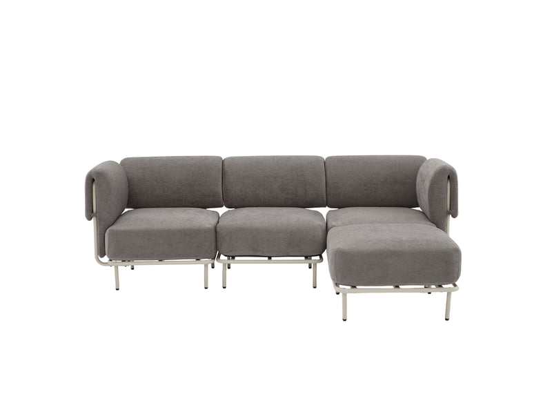 Canapé d'angle modulable 3 places en tissu chenille gris, avec pouf, 251×155×78 cm, design nordique - Conforama A