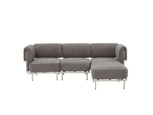 Canapé d'angle modulable 3 places en tissu chenille gris, avec pouf, 251×155×78 cm, design nordique