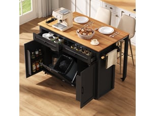 Îlot de cuisine sur roulettes extensible avec prises intégrées, compartiment pour poubelle, mdf, noir