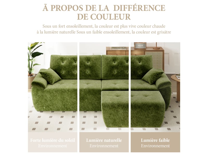  Canapé modulable en chenille vert mousse haute densité avec pouf,canapé salon 275cm style nuage confortable,compressé sans montage 275x174x66CM - Conforama W
