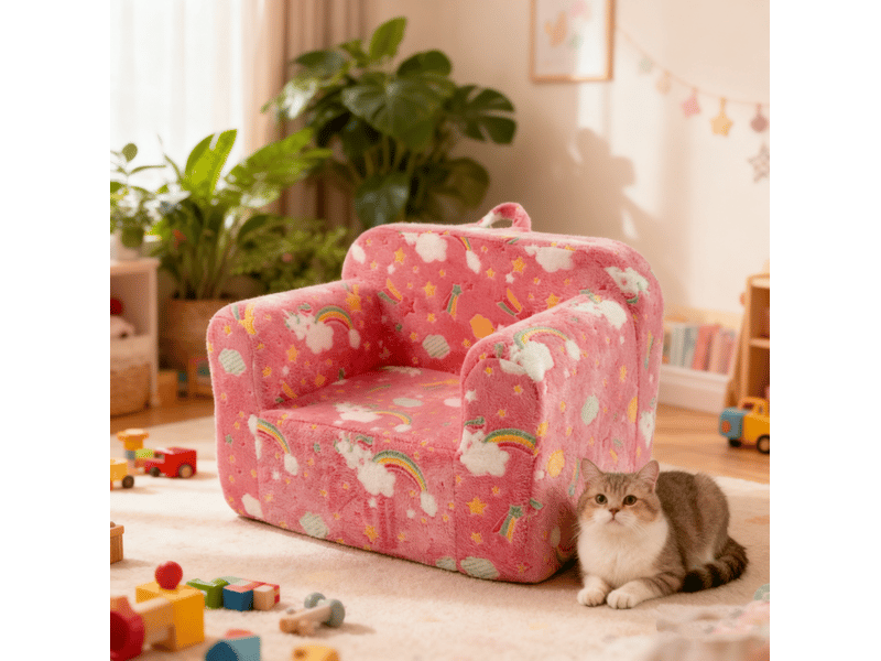  Fauteuil enfant 64 x 49 x 49 cm rose en tissu et mousse, avec accoudoirs, poignée et housse lavable  - Conforama A