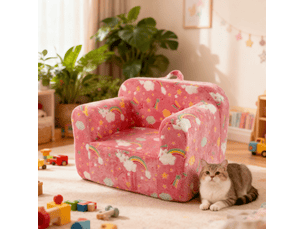 Fauteuil enfant 64 x 49 x 49 cm rose en tissu et mousse, avec accoudoirs, poignée et housse lavable