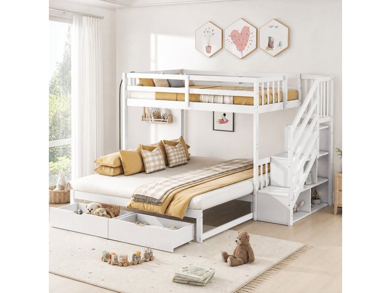 Lit superposé enfant 90×200 cm et 180×200 cm gigogne, 2 tiroirs et rangement - sans matelas, pin blanc - Conforama B