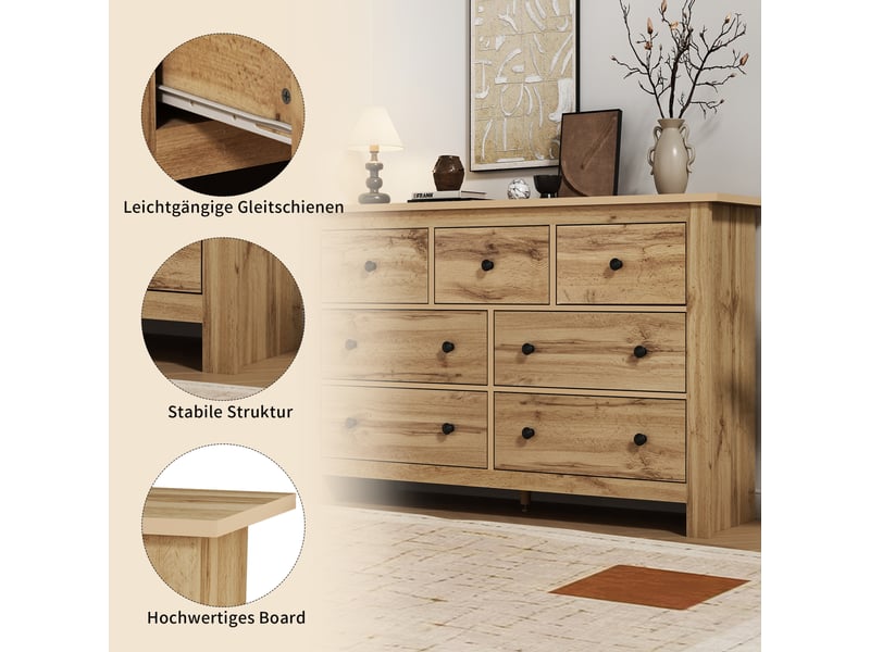  Buffet 7 tiroirs style campagne – décor bois clair – 152 x 40 x 88,5 cm  - Conforama E