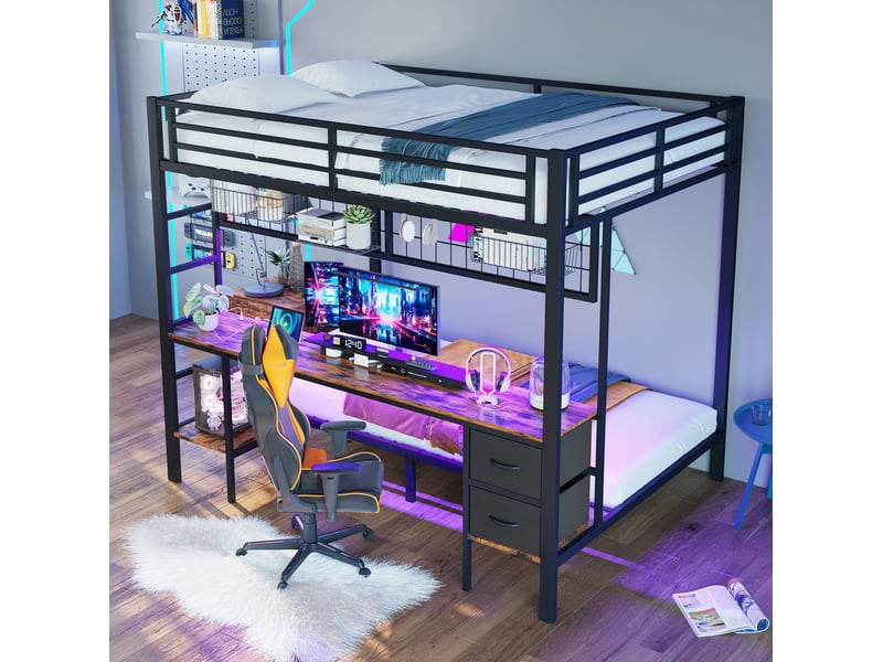  Lit superposé enfant 140x200 cm avec bureau led et rangements noir  - Conforama E