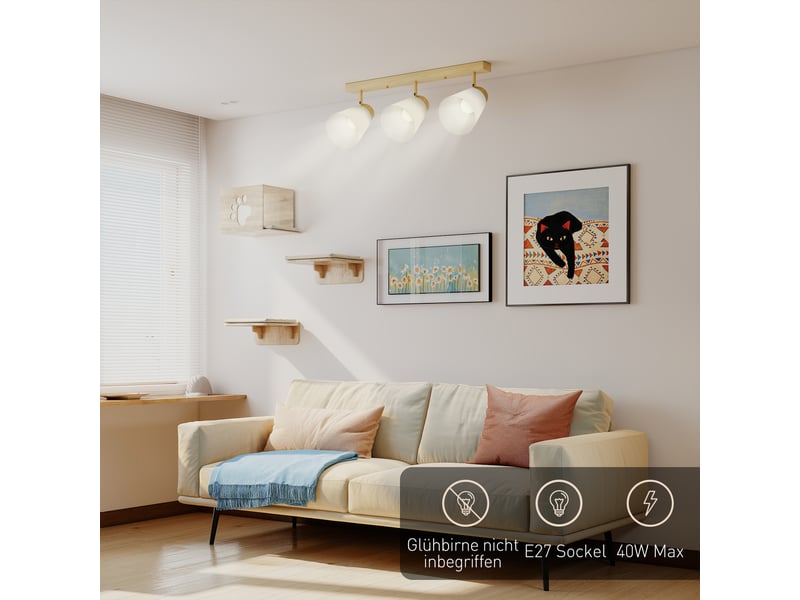  Plafonnier led 40 w, lampe de plafond à double fixation et têtes orientables à 90° avec 3 douilles e27, bois naturel  - Conforama E
