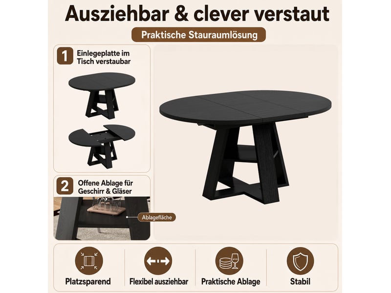  Table à manger extensible ovale noire en mdf 150 x 110 cm, rangement intégré et tablette pour 6 personnes  - Conforama D