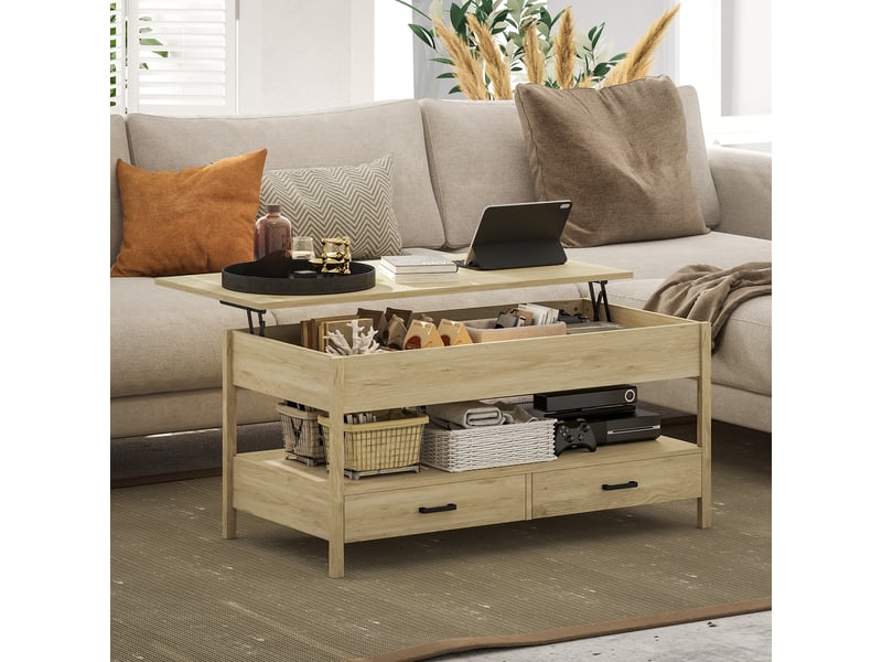  Table basse relevable, table basse avec tiroirs et compartiment caché pour salon, bureau à domicile, chêne  - Conforama C