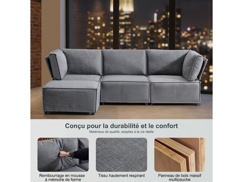  Canapé modulable gris clair 4 places - convertible en lit - tissu lin respirant - design minimaliste  - Conforama E