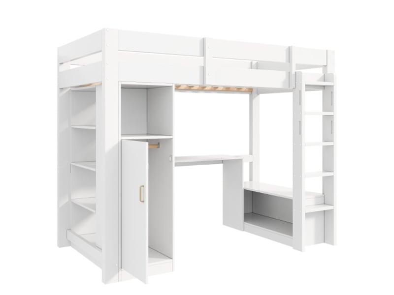  Lit mezzanine blanc 90x200 cm – rangement intégré, placard, étagères, bureau sous le lit, led et usb  - Conforama A