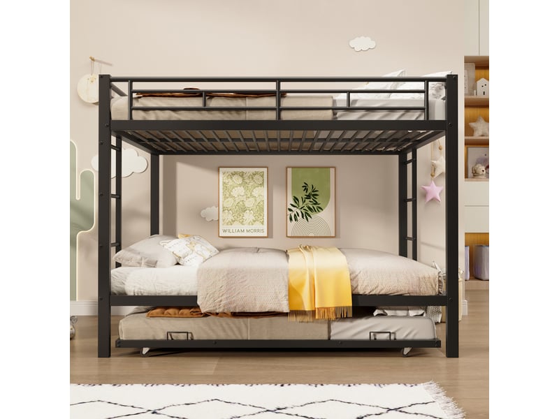  Lit superposé gigogne enfant 140x200 cm en métal avec lit tiroir 90x190 cm, barrières de sécurité, lit extensible gain de place - noir  - Conforama D
