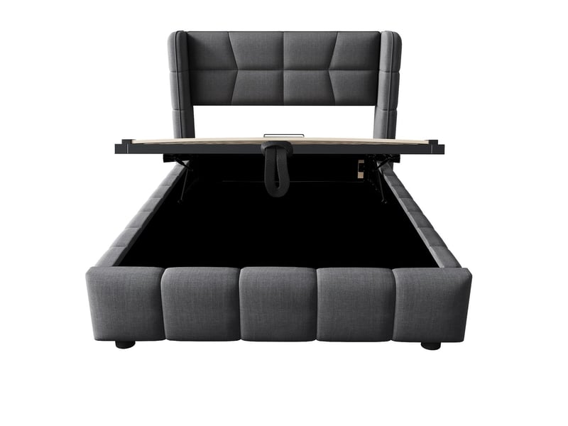  Lit capitonné 90x200, coffre de rangement lit une personne, ouverture pneumatique, revêtement lin, structure métal robuste  - Conforama A