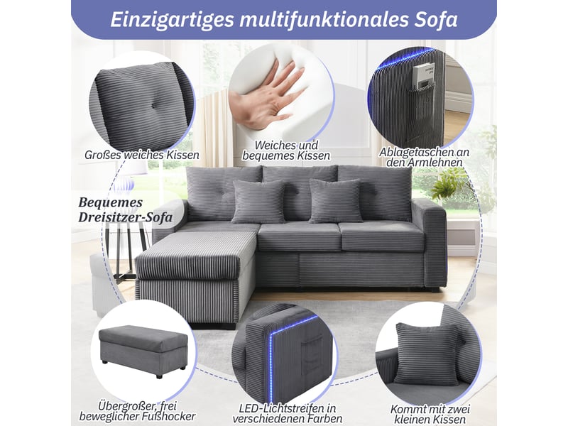  Canapé 3 places avec pouf modulable gris antique éclairage led  - Conforama D
