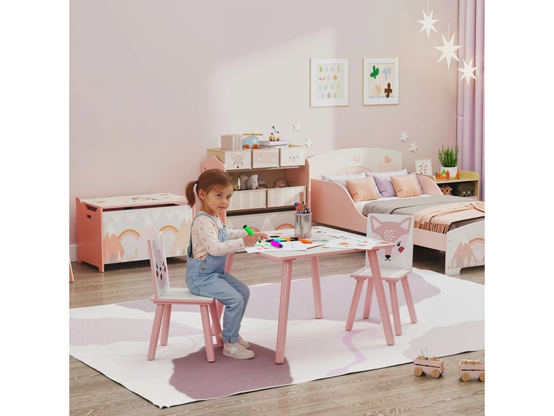  Ensemble de salon de jardin pour enfant en pin, table et 2 chaises, motif animaux, chambre d'enfant, 3-8 ans, rose  - Conforama B