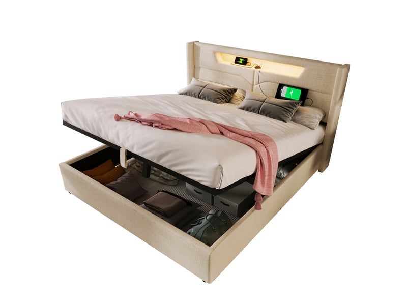  Lit coffre ulevr 160x200 cm avec led et usb type-c, lit double rembourré en tissu lin beige avec sommier à lattes  - Conforama A