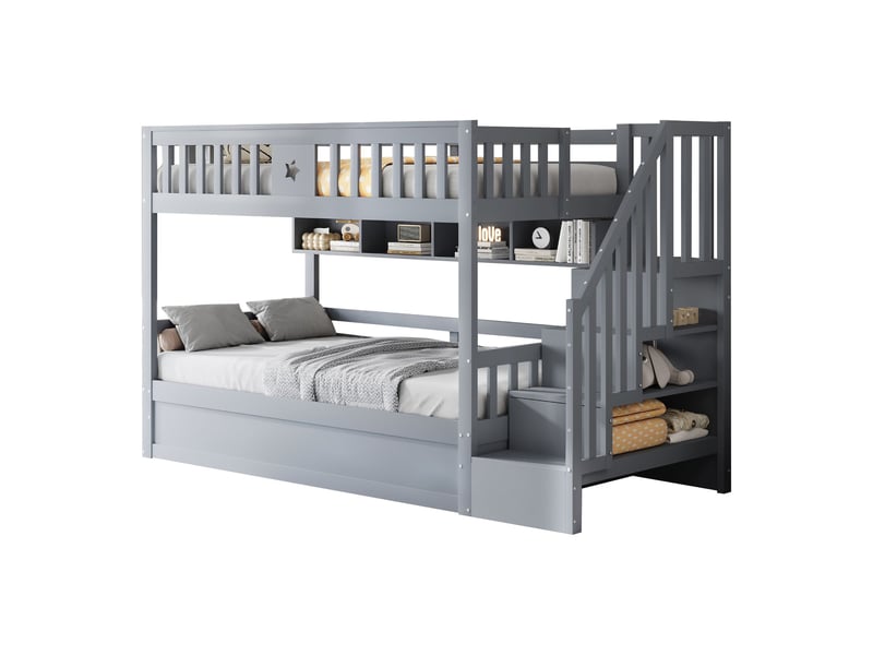  Lit mezzanine gris 90x200cm avec escalier rangement, bureau, sécurité renforcée, confort durable - bois massif - pour enfant ado  - Conforama A