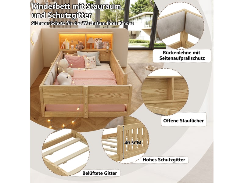  Lit simple enfant 90x200 cm avec rangement led coloris naturel  - Conforama E